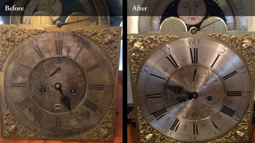 Before and after photos of clock dial restoration